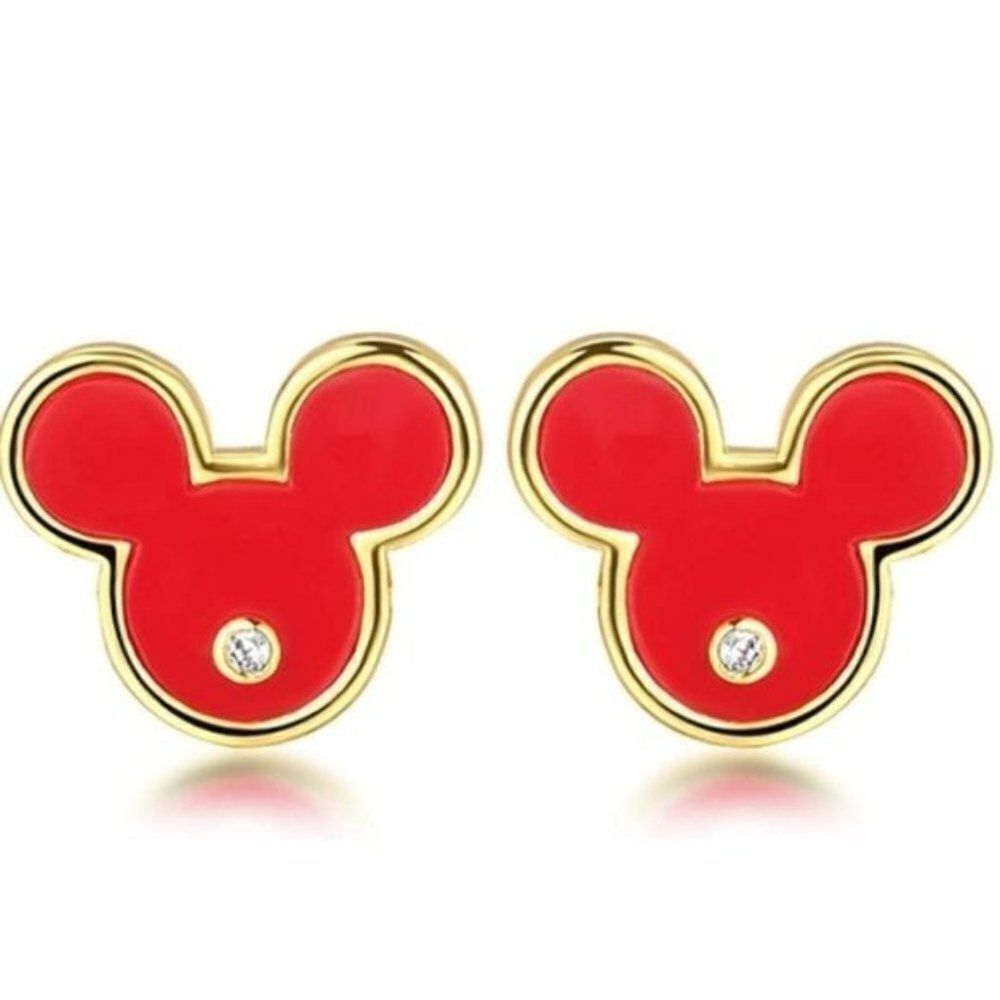 18K Yellow Gold and Diamond Cubic Zirconia Mickey Mouse Post Back Stud Earrings
